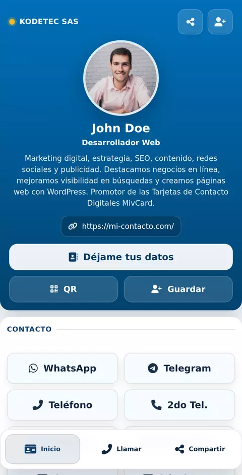 Exemplo de cartão de visita digital da Mi-Contacto.com visto em um celular