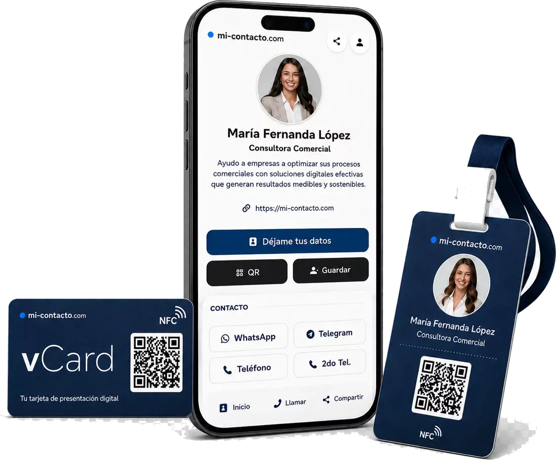 Un mismo perfil en tres formatos: tarjeta digital en el teléfono, tarjeta NFC vCard y carnet con QR