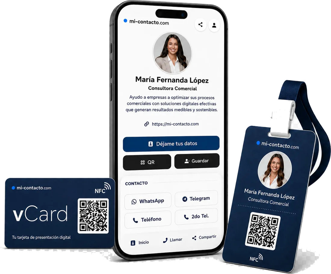 Tarjetas de presentación digitales en distintos diseños y tarjetas físicas NFC con código QR