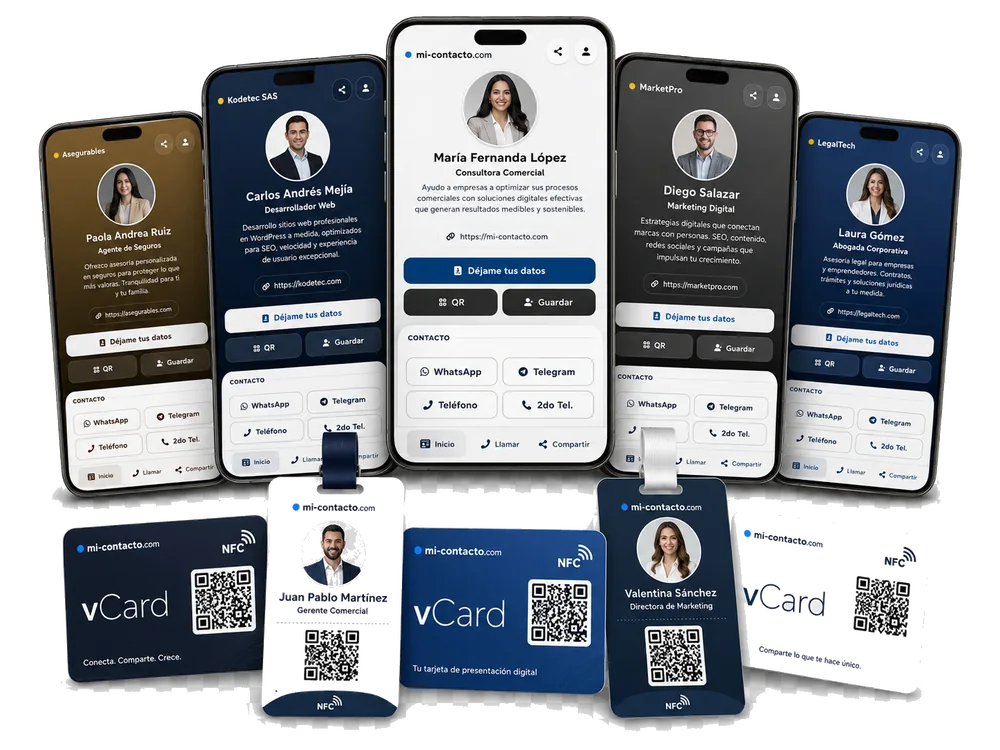 Cartões de visita digitais em diferentes designs e cartões físicos NFC com código QR