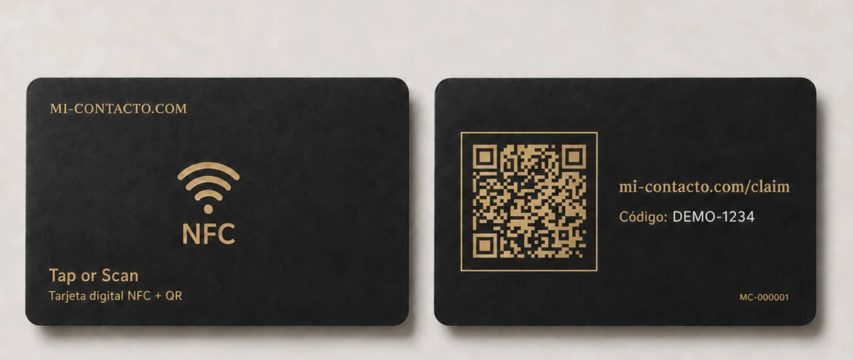 Tarjeta NFC Mi-Contacto: frente con NFC y reverso con QR y código de activación