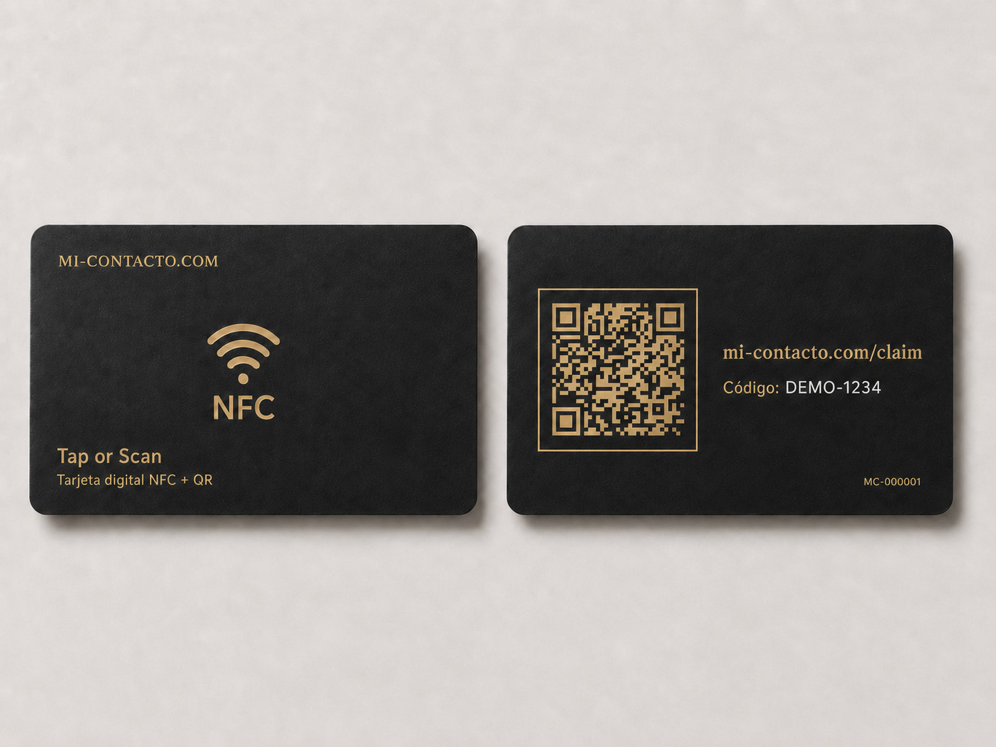 Tarjeta NFC Mi-Contacto 1 Tarjeta NFC Mi-Contacto en negro y dorado: frente con chip NFC y reverso con código QR de activación