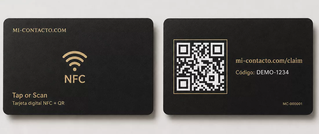 Tarjeta NFC Mi-Contacto: frente con NFC y reverso con QR y código de activación